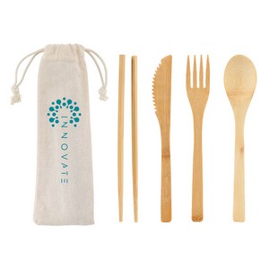 [WKA-BA26] Bamboo Cutlery Set In Cotton Drawstring Pouch
