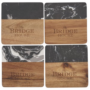 [1033-65] Black Marble and Wood Coaster Set
