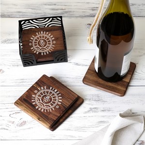 [B4SAC] 4 Pc. Acacia Wood Square Coaster Set with Black Metal Stand