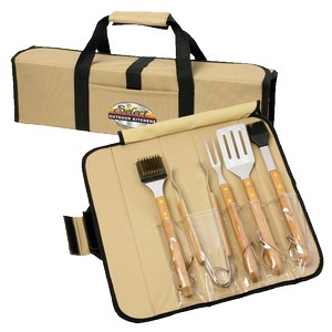 [BBQ28] 5 Piece BBQ Set (Bamboo) in Roll-Up Case