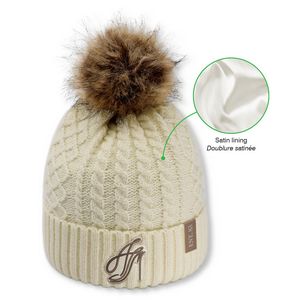 [1E140L] Woman's Satin Lining / Acrylic Cuff Toque with Faux Fur Pom Pom 12cm