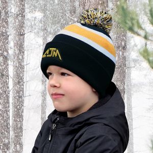 [9S243J] Junior Pom Pom Cuff Toque w/Stripe Rib Knit