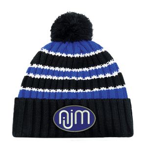 [9I258M] Stripe Chunky Knit Cuff Toque w/Pom Pom