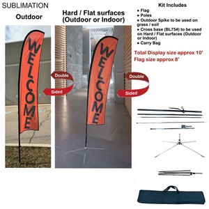 10' Small Feather Flag Kit, Full Color Graphics Double Sided, Outdoor Spike base, Indoor Cross Base