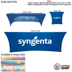24 Hr Express Ship - Sublimated Stretch Curved Fit Table Throw for 8' table, 3 Sided, Open Back