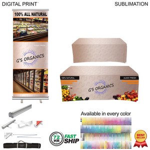72 Hr Fast Ship-Most Popular Trade Show Package, Premium Retractable Banner + Sublimated Tablecloth