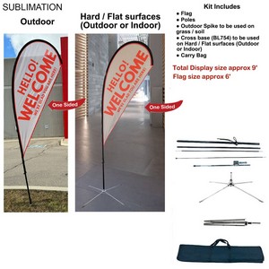 9' Small Tear Drop Flag Kit, Full Color Graphics One Side, Outdoor Use Spike base, Indoor Cross Base
