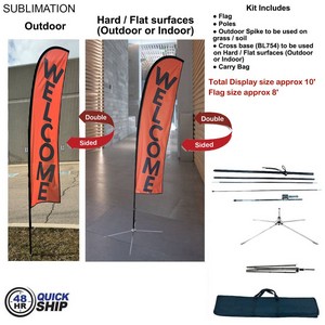 48Hr Quick Ship - 10' Small Feather Flag Kit, Full Color Graphic Double Sided, Outdoor & Indoor base