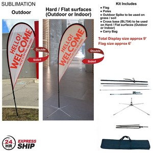 24H Expres Ship- 9' Small Tear Drop Flag Kit, Full Color Graphic Double Sided, Outdoor & Indoor base