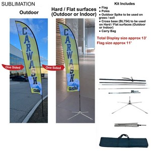 13' Medium Feather Flag Kit, Full Color Graphics One Side, Outdoor Spike Base, Indoor Cross Base