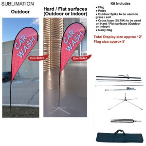 12' Medium Tear Drop Flag Kit, Full Color Graphics One Side, Outdoor Spike base, Indoor Cross Base