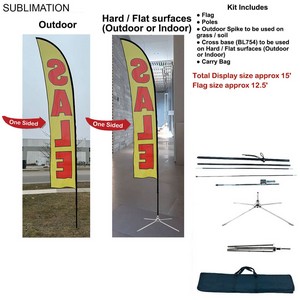 15' Large Feather Flag Kit, Full Color Graphics One Side, Outdoor Spike base, Indoor Cross Base