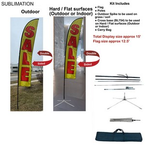 15' Large Feather Flag Kit, Full Color Graphics Double Sided, Outdoor Spike base, Indoor Cross Base