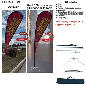 16' X-Large Tear Drop Flag Kit, Full Color Graphics Double Side, Outdoor Spike base, Indoor use