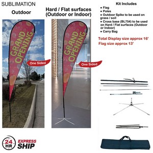 24Hr Express Ship -16' XL Tear Drop Flag Kit, Full Color Graphics One Side, Outdoor & Indoor Use