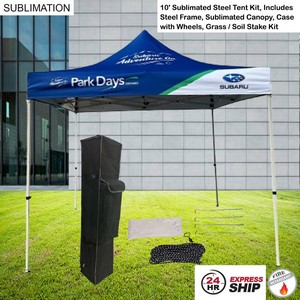 24 Hr Express Ship - 10' Steel Tent Kit, Includes Frame, Sublimated Canopy, Case, Grass Stake Kit