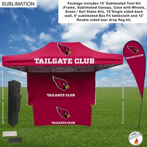 [SU784-14] Game Day Tailgate Package, 15' Tent kit, 15' Backwall, Box Fit Tablecloth, and Double Sided Flag Kit