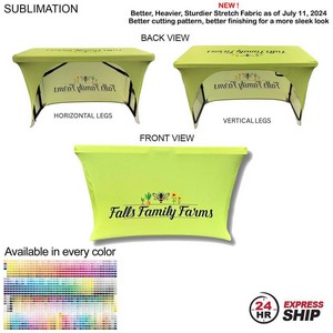 24 Hr Express Ship - Sublimated Stretch Curved Fit Table Throw for 4' Table, 3 Sided, Open Back