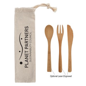 [2421] 3 Piece Bamboo Utensil Set In Travel Pouch