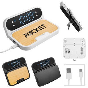 [25253] 15w Bamboo Folding Charger With Digital Clock