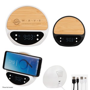 [26521] 10w Bamboo Wireless Charger With Digital Clock