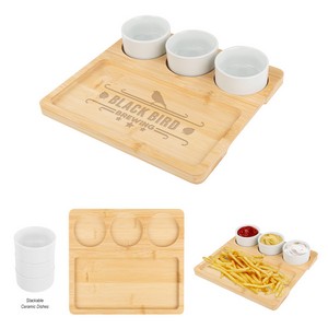[75043] Bamboo Serving Tray With Ceramic Bowls