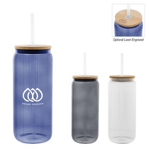 [50167] 20 Oz. Ribbed Borosilicate Glass Can With Bamboo Lid