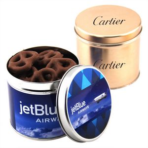 [SBF4100-122-K] Round Tin w/Choc Covered Pretzels